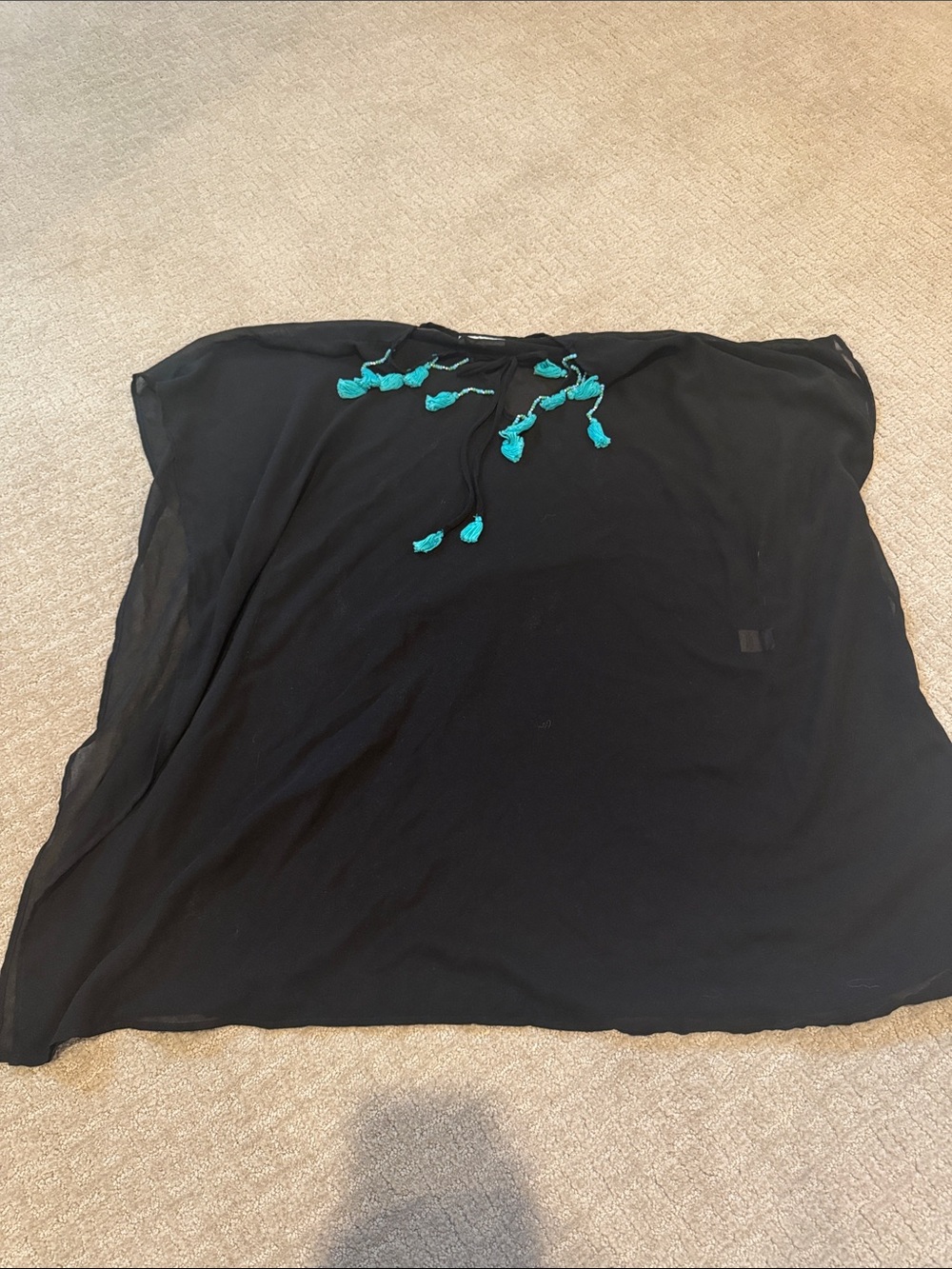 Black Swim Cover-Up with Teal Tassel Tie